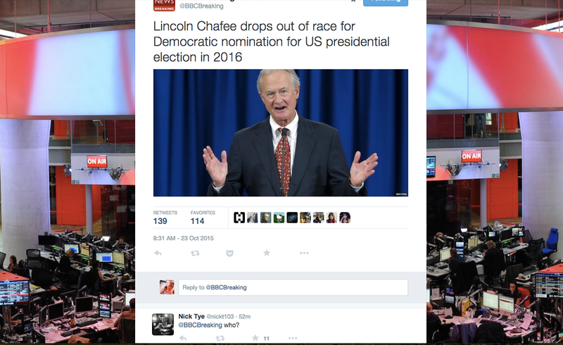 Illustration for article titled Lincoln Chafee Drops Out of Presidential Race, Announcer Gets His Name Wrong